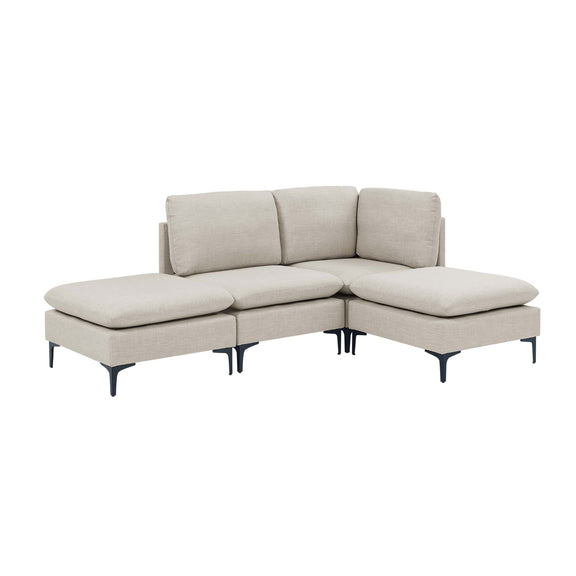 Beige upholstered modular sectional with tall legs and chaise ottomans, corner lounge shape