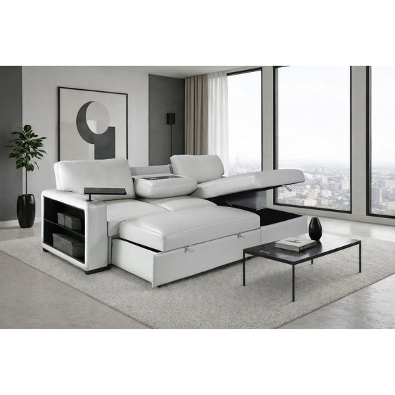 Silver sectional sofabed with pullout extended, smooth upholstered seat pads