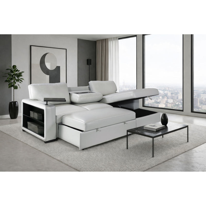 Silver sectional sofabed with pullout extended, smooth upholstered seat pads