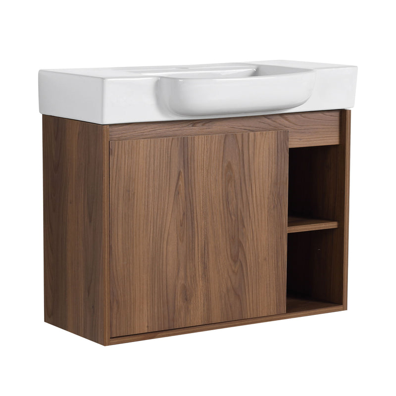 Wall mounted bathroom vanity with sink, dark wood cabinet and white countertop, open side shelf