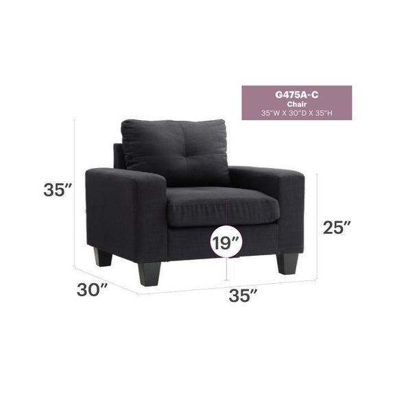 Dark gray accent chair with padded arms and tufted backrest