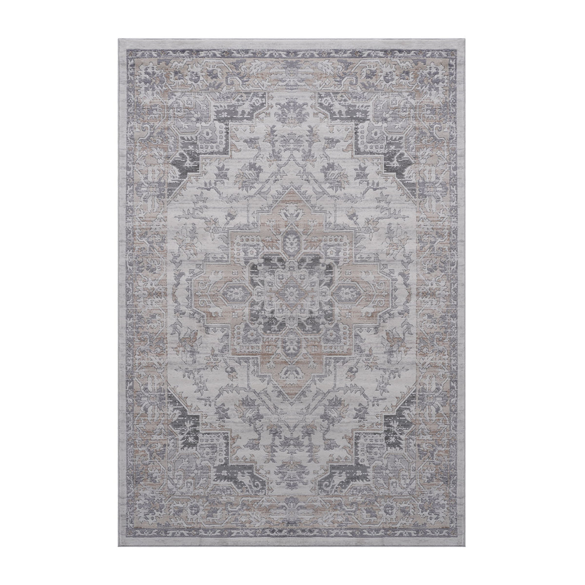 Ivory and beige oriental area rug with central medallion, bordered geometric motifs