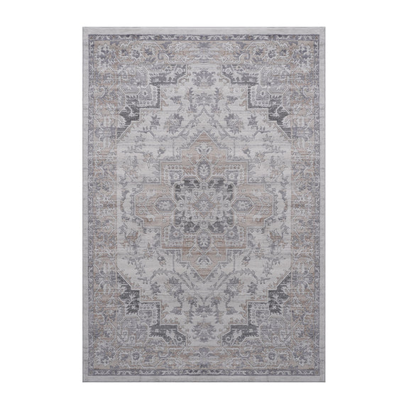 Ivory and beige oriental area rug with central medallion, bordered geometric motifs