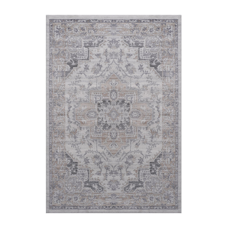 Ivory and beige oriental area rug with central medallion, bordered geometric motifs