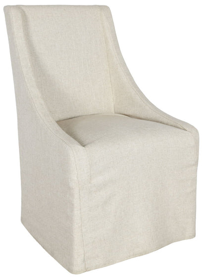 Upholstered rolling dining chair in light beige fabric, close side view with rounded arms