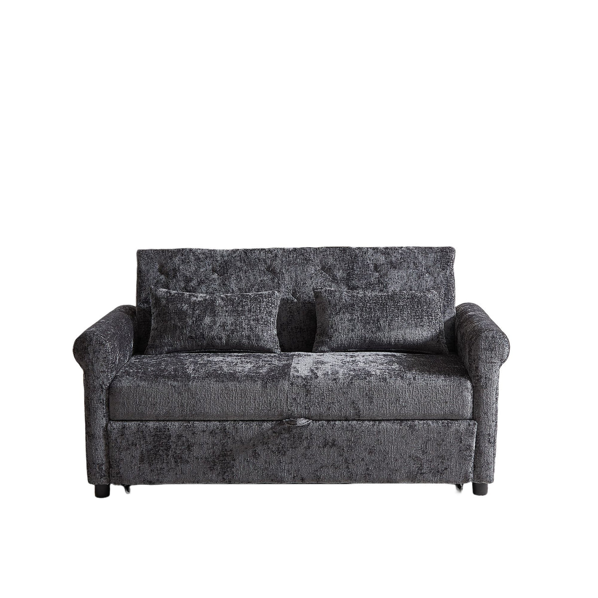 Dark gray loveseat sofa bed with two back pillows and dark legs