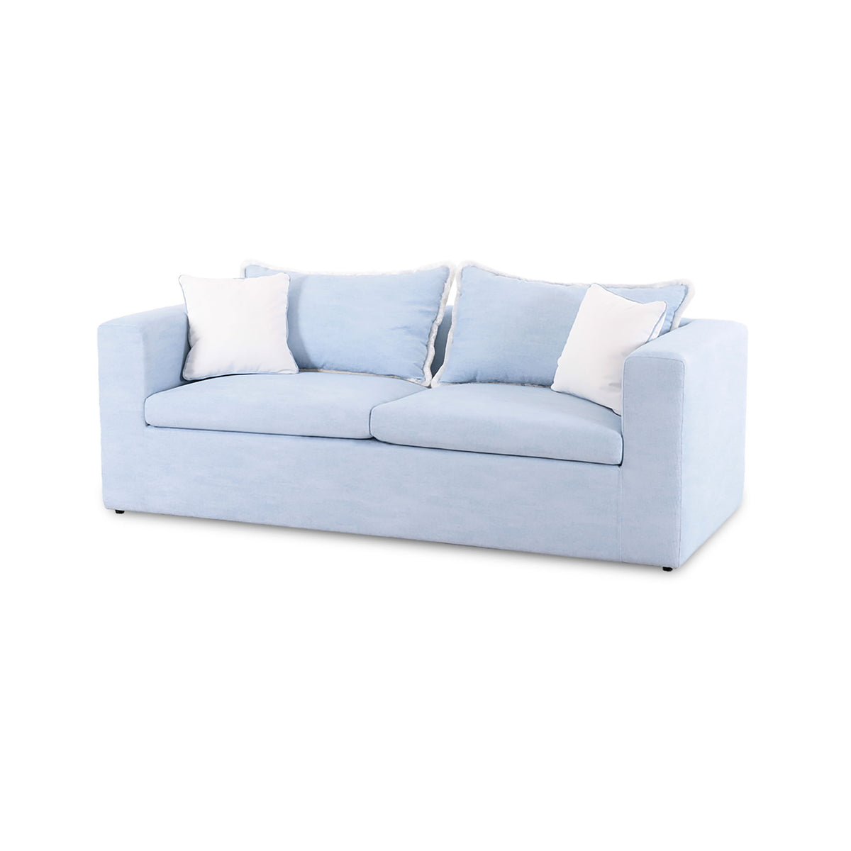 Light blue boucle outdoor sofa with two seat cushions, three pillows, and white throw accents