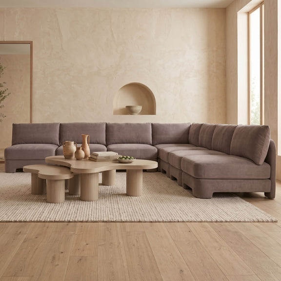 7-piece armless sectional sofa in taupe brown velvet with box cushions and corner chaise