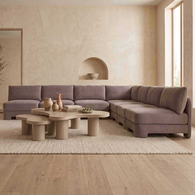 7-piece armless sectional sofa in taupe brown velvet with box cushions and corner chaise