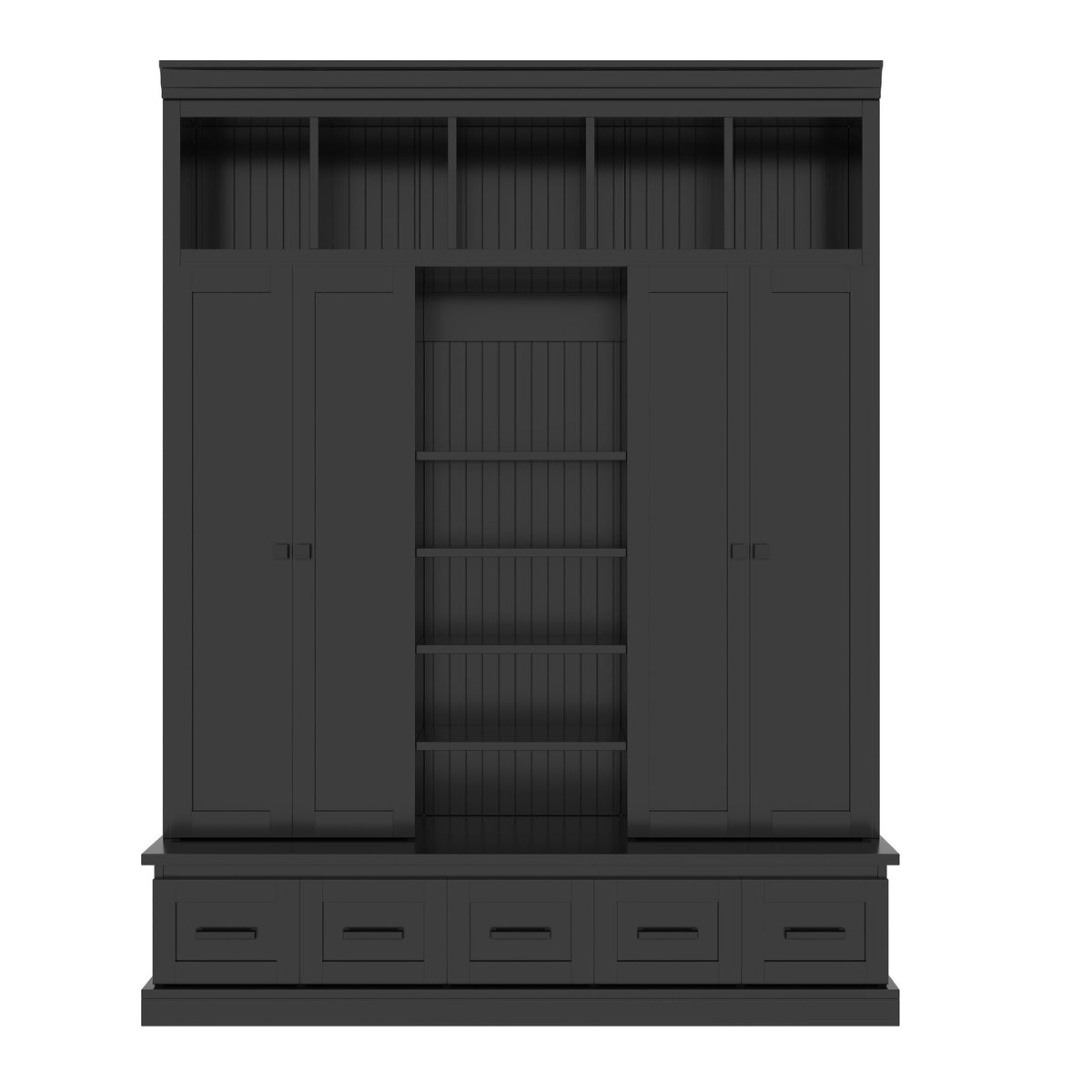 Black hall storage cabinet with bench base and 5 open cubbies