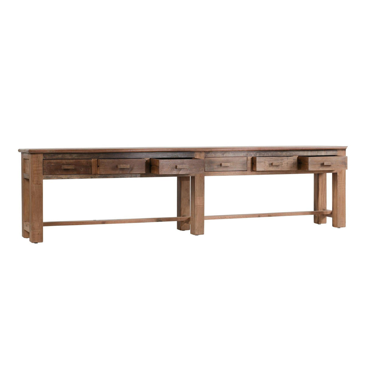 Reclaimed wood console table with 6 drawers and open center shelf
