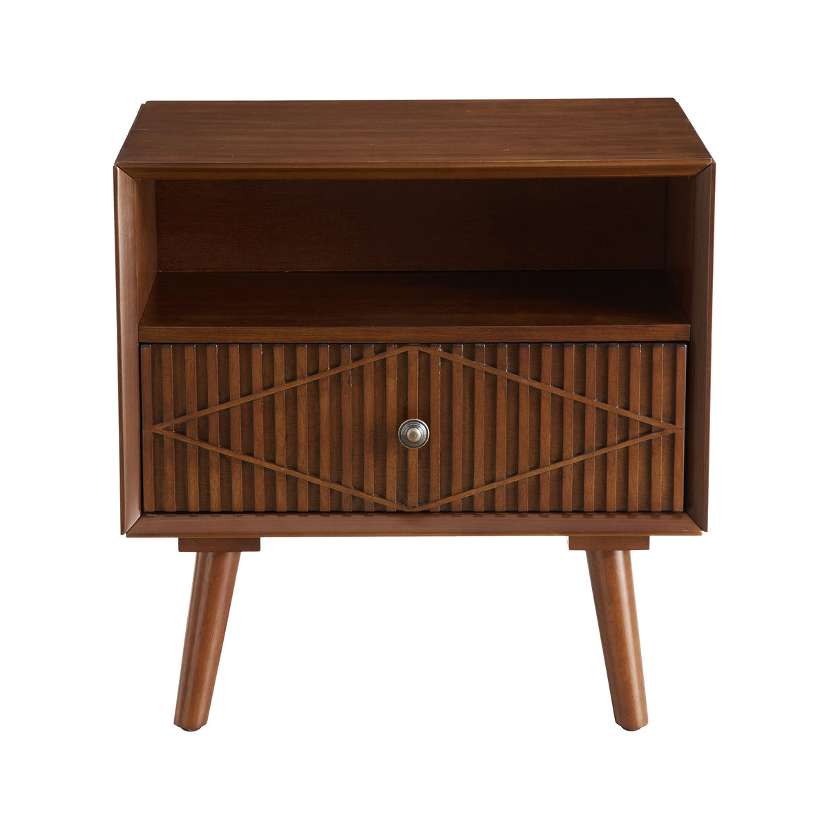 Walnut nightstand with carved geometric drawer, open shelf, round knob, and tapered legs