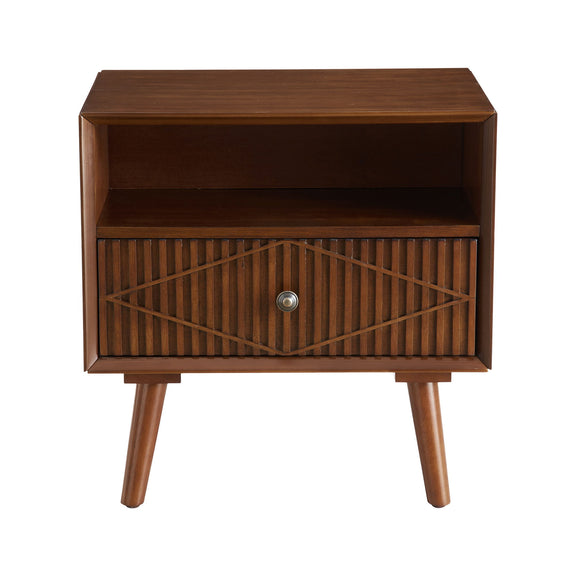 Walnut nightstand with carved geometric drawer, open shelf, round knob, and tapered legs