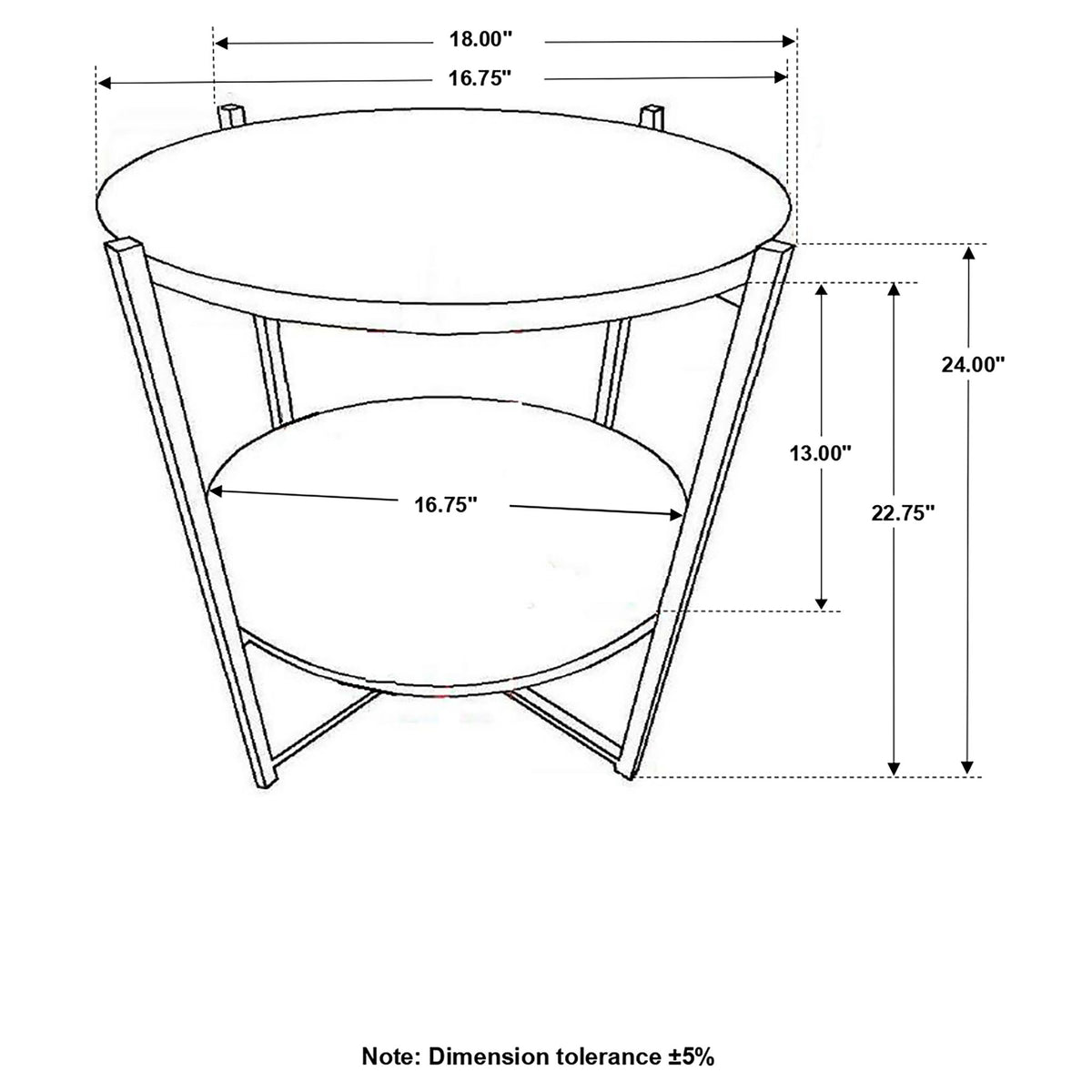 Accent table diagram with round top, lower shelf, X-frame, side dimensions