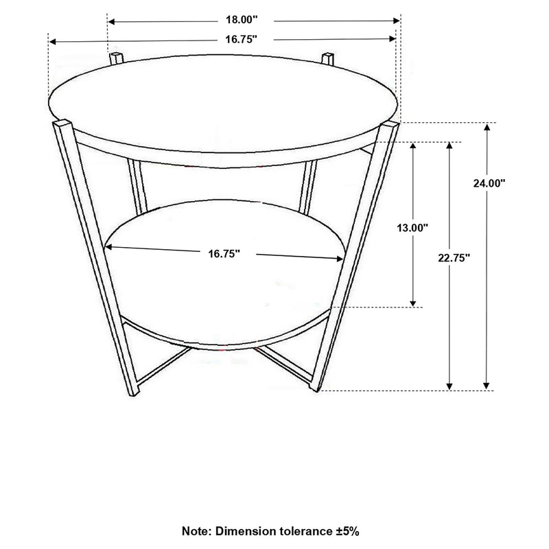 Accent table diagram with round top, lower shelf, X-frame, side dimensions