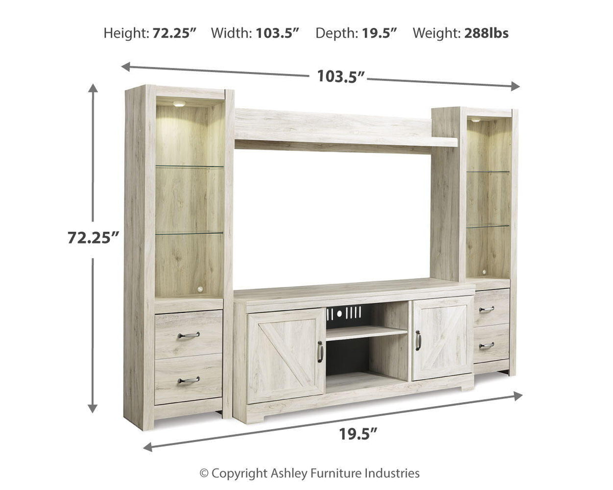 Light beige media entertainment center with side shelves, drawers, and center fireplace