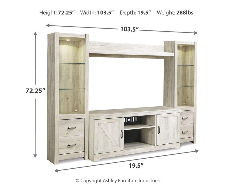 Light beige media entertainment center with side shelves, drawers, and center fireplace