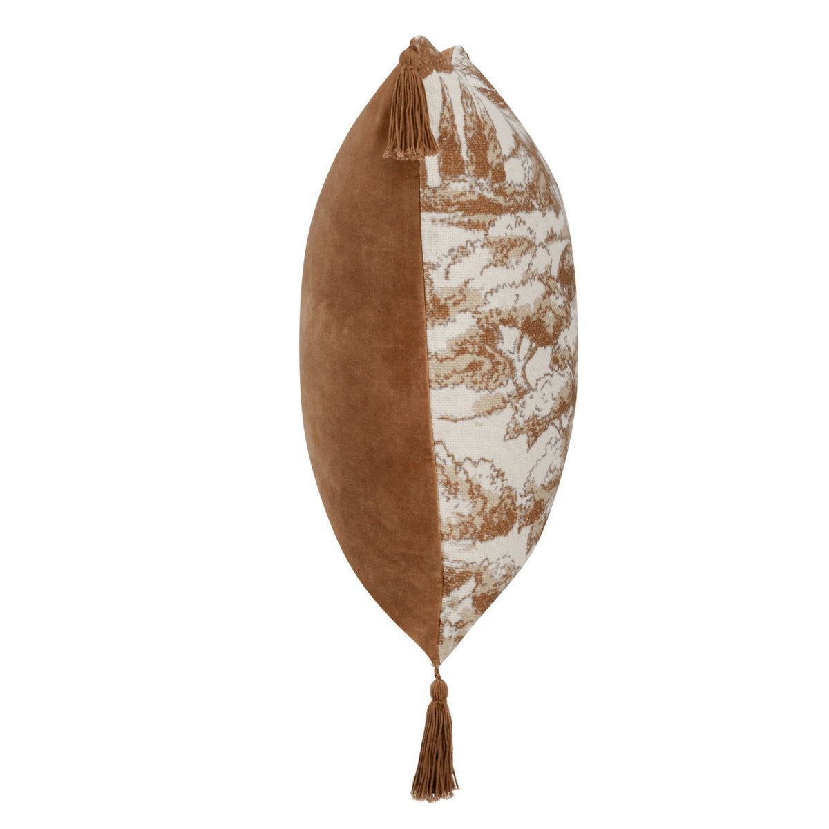 Clay throw pillow side view with brown solid back and forest-print front panel, tassel.