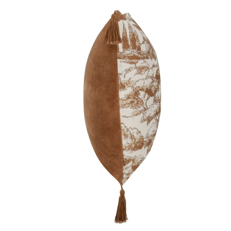 Clay throw pillow side view with brown solid back and forest-print front panel, tassel.