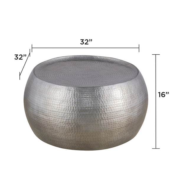 Silver hammered round coffee table, 32 in wide x 16 in high