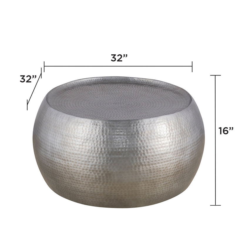 Silver hammered round coffee table, 32 in wide x 16 in high
