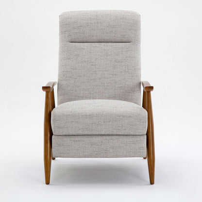Beige upholstered push-back recliner with solid hardwood legs and armrests