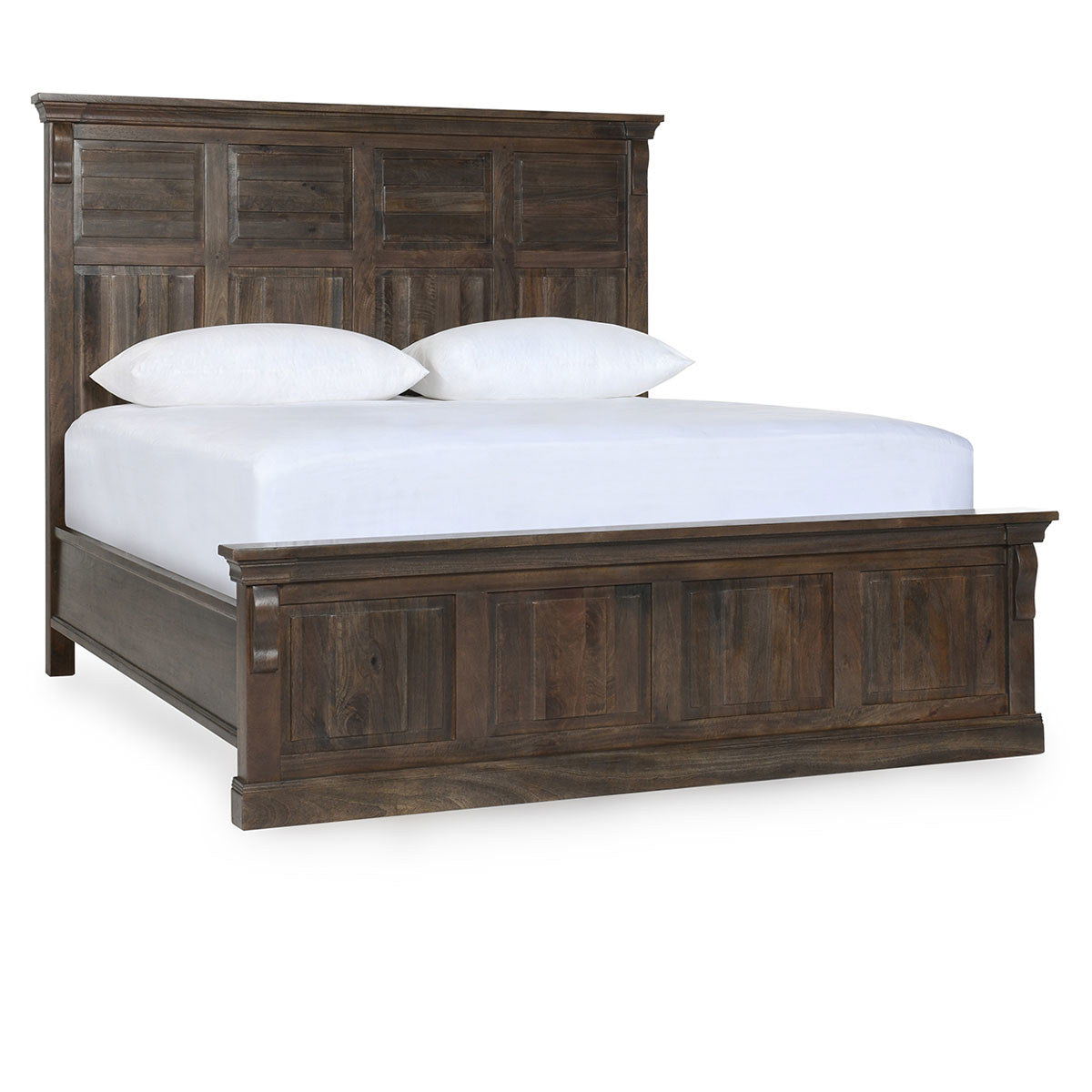 King bed frame with dark cocoa brown wood panels and white upholstered mattress