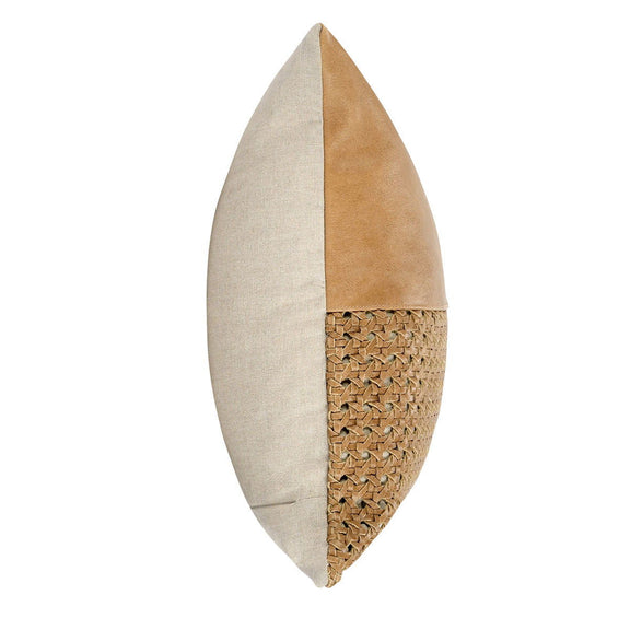 Side view of leather and woven throw pillow with visible seam along the edge