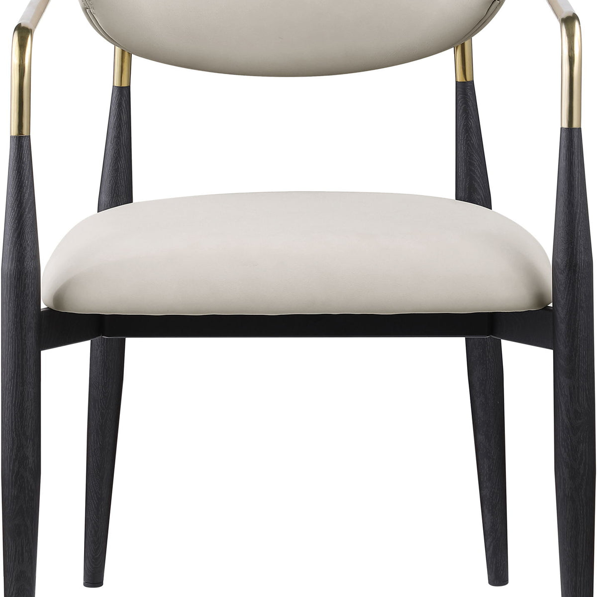 White upholstered dining arm chair with rounded back, black legs, gold arm frame