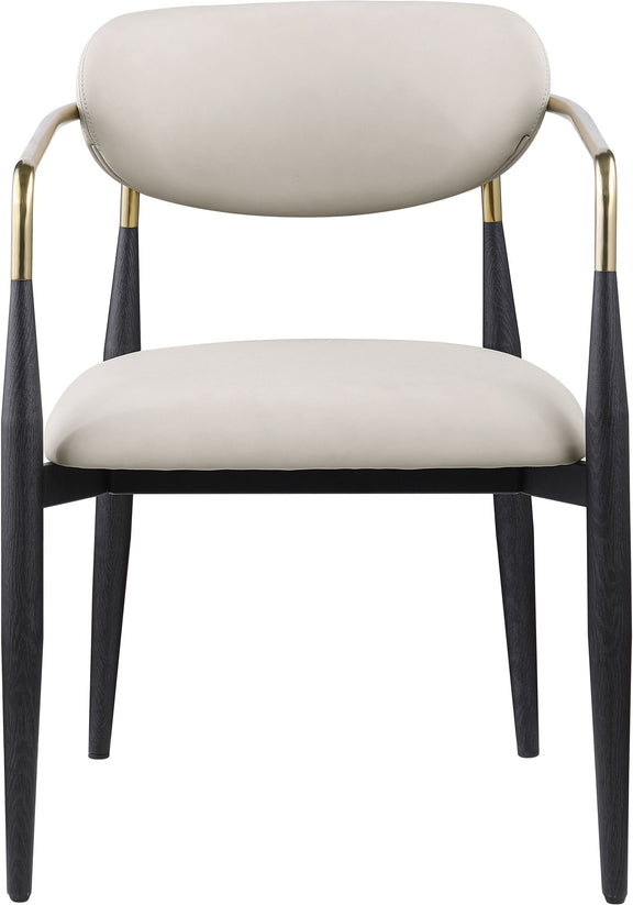 White upholstered dining arm chair with rounded back, black legs, gold arm frame