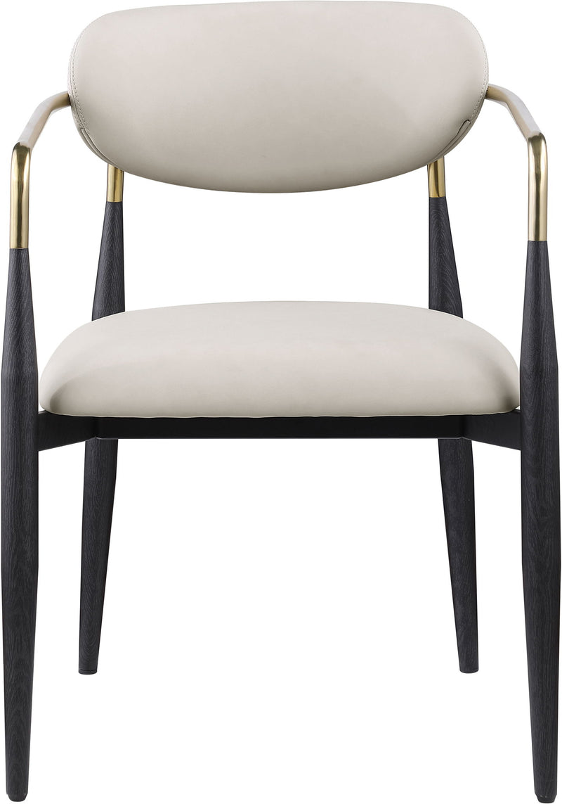 White upholstered dining arm chair with rounded back, black legs, gold arm frame