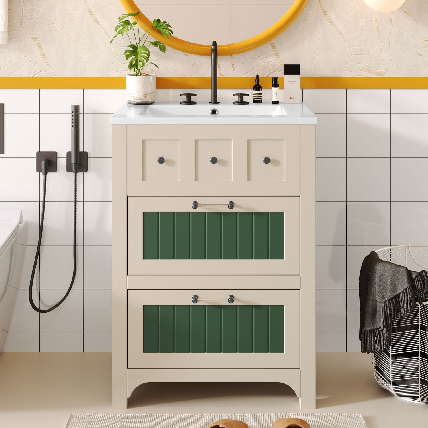 Bathroom Vanity With Ceramic Sink, Bathroom Vanity Cabinet With 2 Drawers, Wooden Bathroom Sink Cabinet - Beige / Green