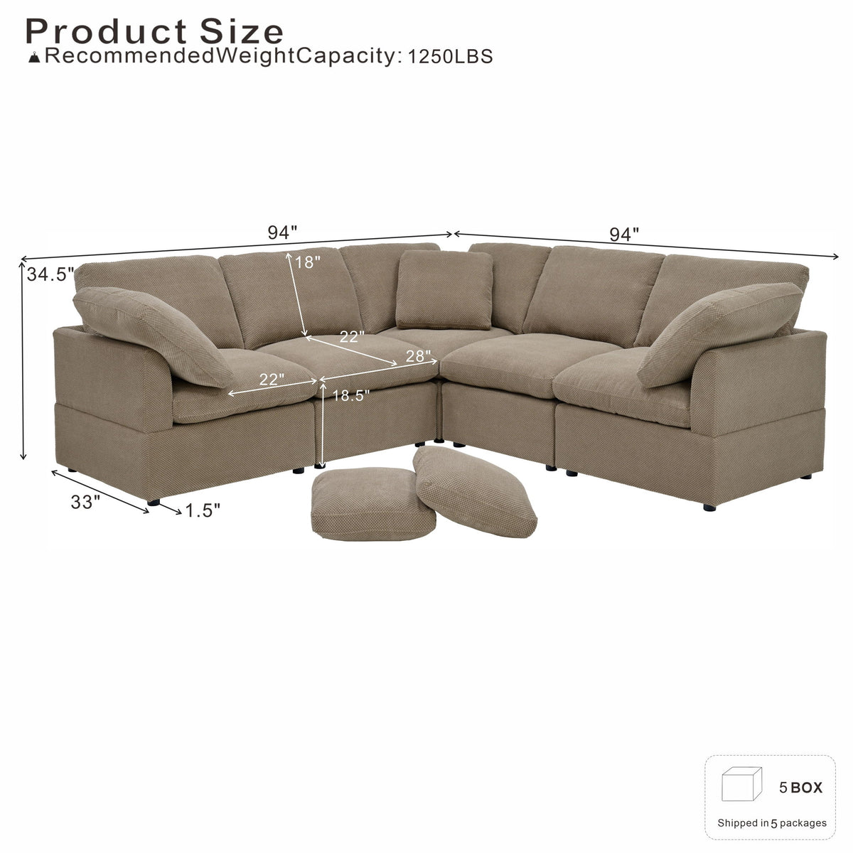 L-shaped sofa with dimension labels, plush cushions, and two loose pillows.