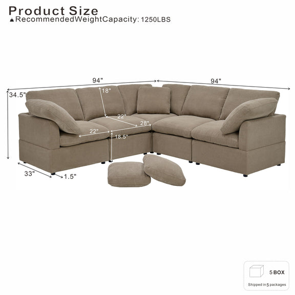 L-shaped sofa with dimension labels, plush cushions, and two loose pillows.