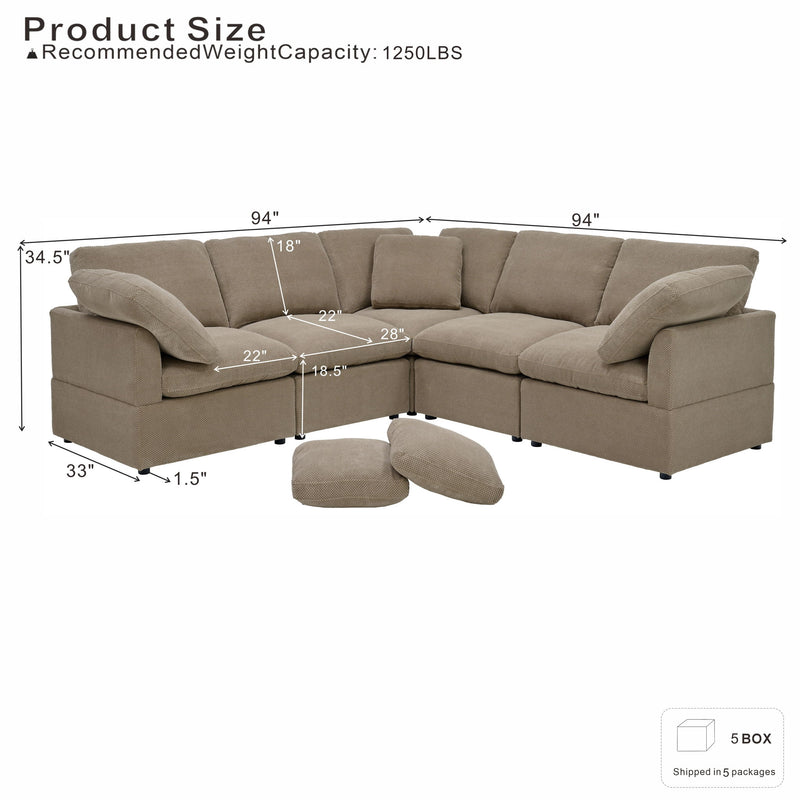 L-shaped sofa with dimension labels, plush cushions, and two loose pillows.