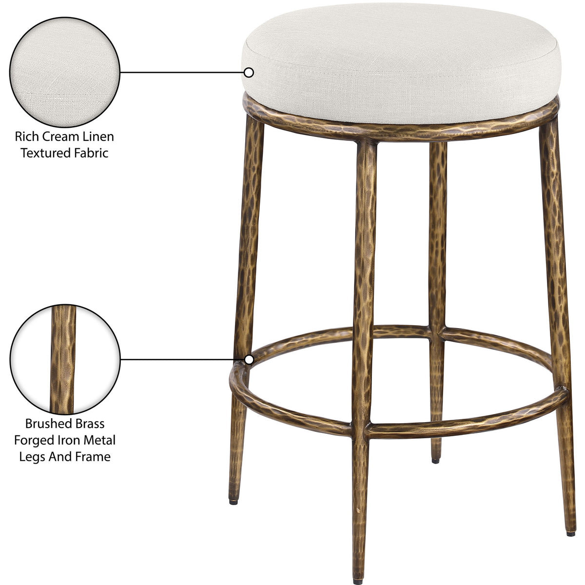 Ferro - Linen Textured Performance Fabric Upholstered Backless Counter Stool - Cream / Brushed Gold