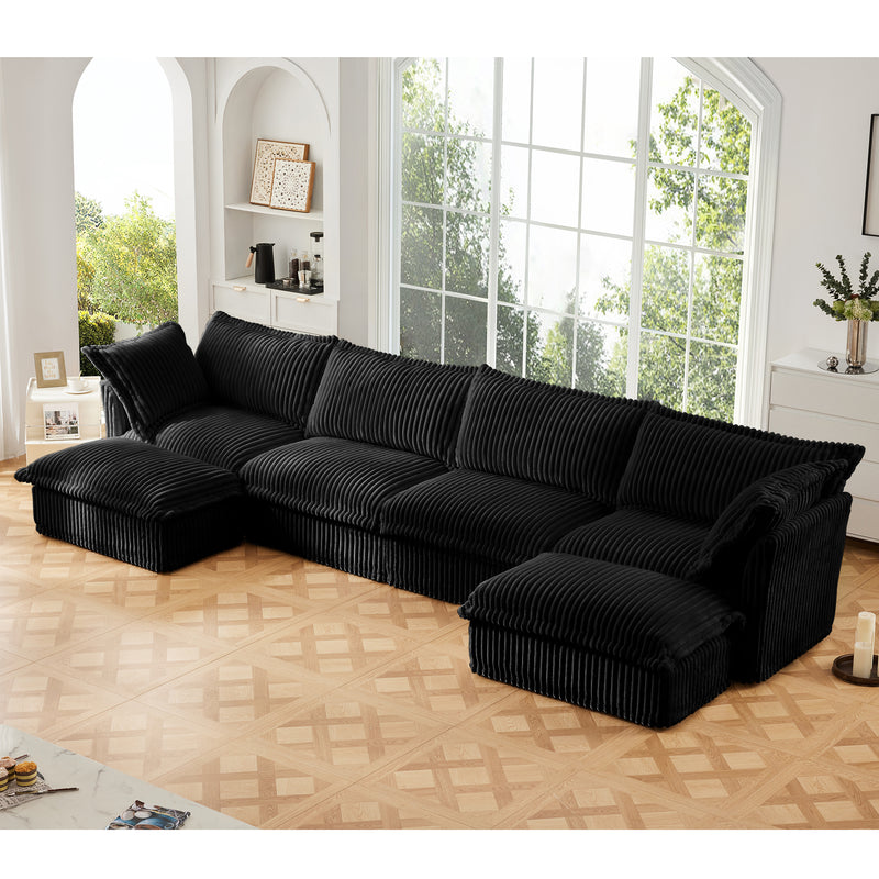 4-Seater Slipcovered U-Shaped Corduroy Sectional Sofa - Black Corduroy