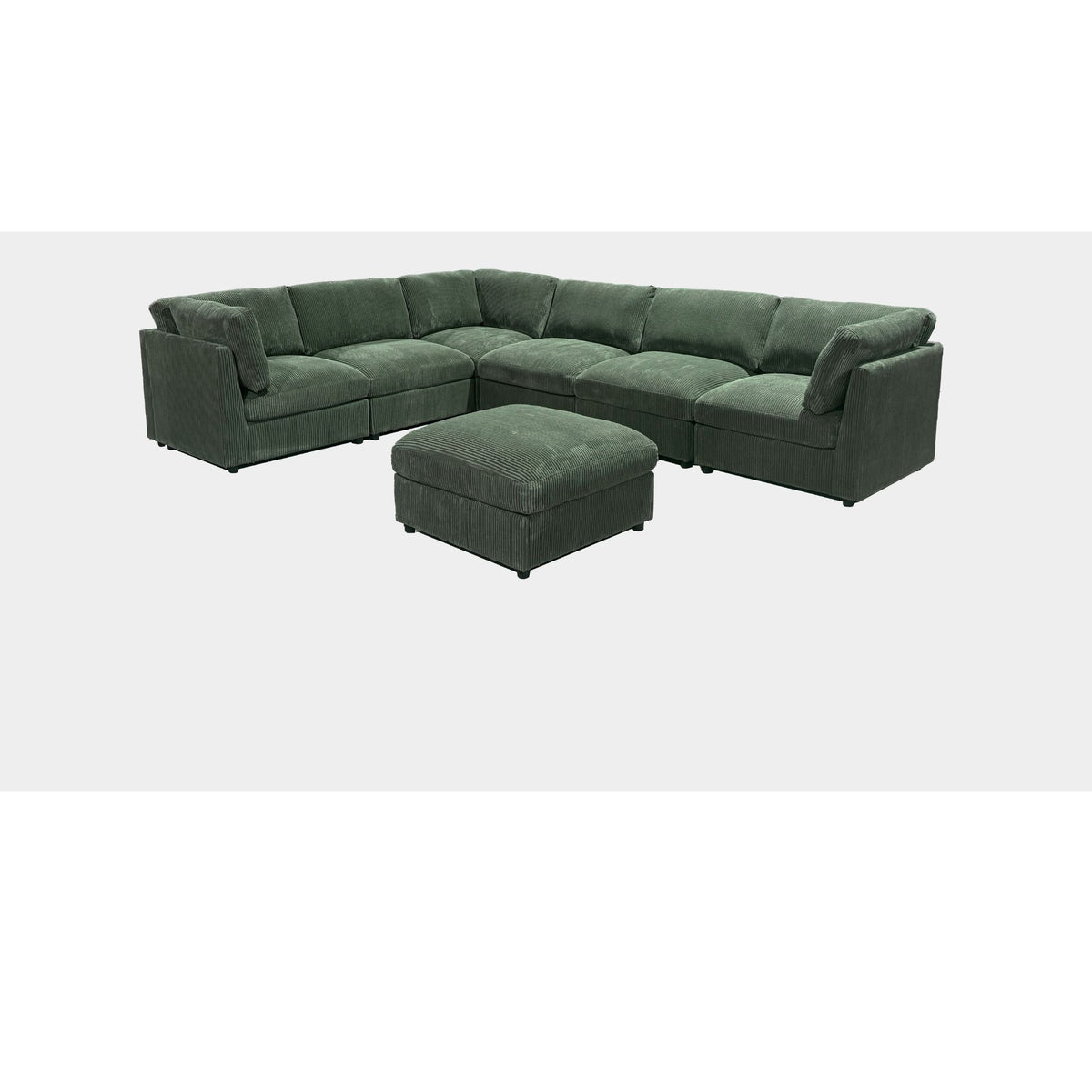 Dark green modular sectional sofa with ottoman, low-profile corner sectional layout