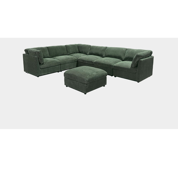 Dark green modular sectional sofa with ottoman, low-profile corner sectional layout