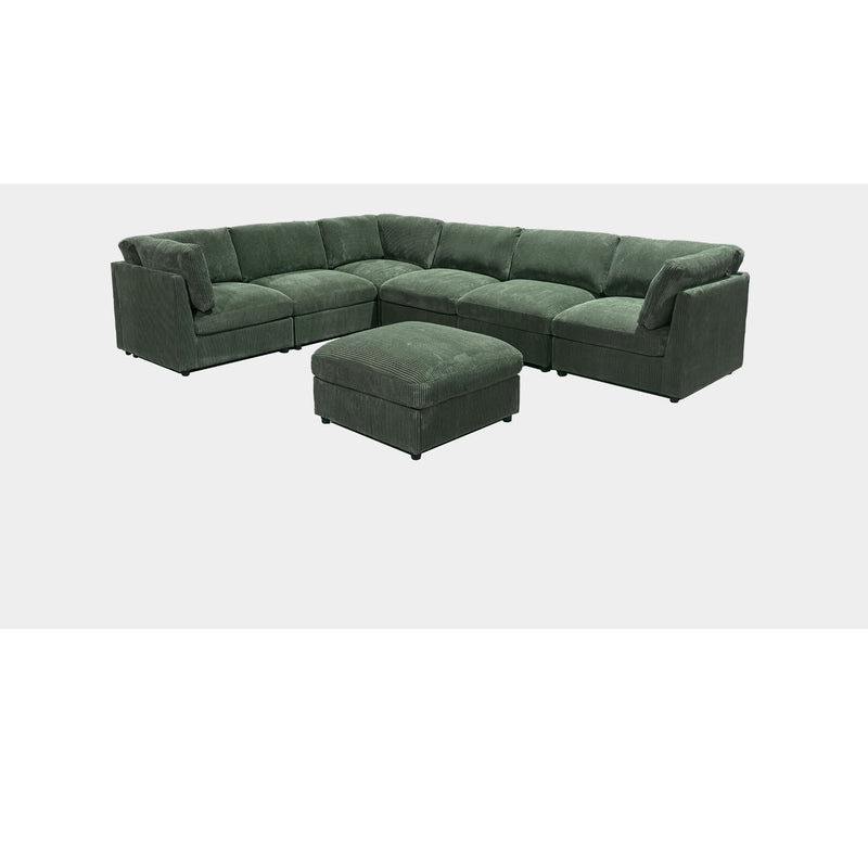 Dark green modular sectional sofa with ottoman, low-profile corner sectional layout
