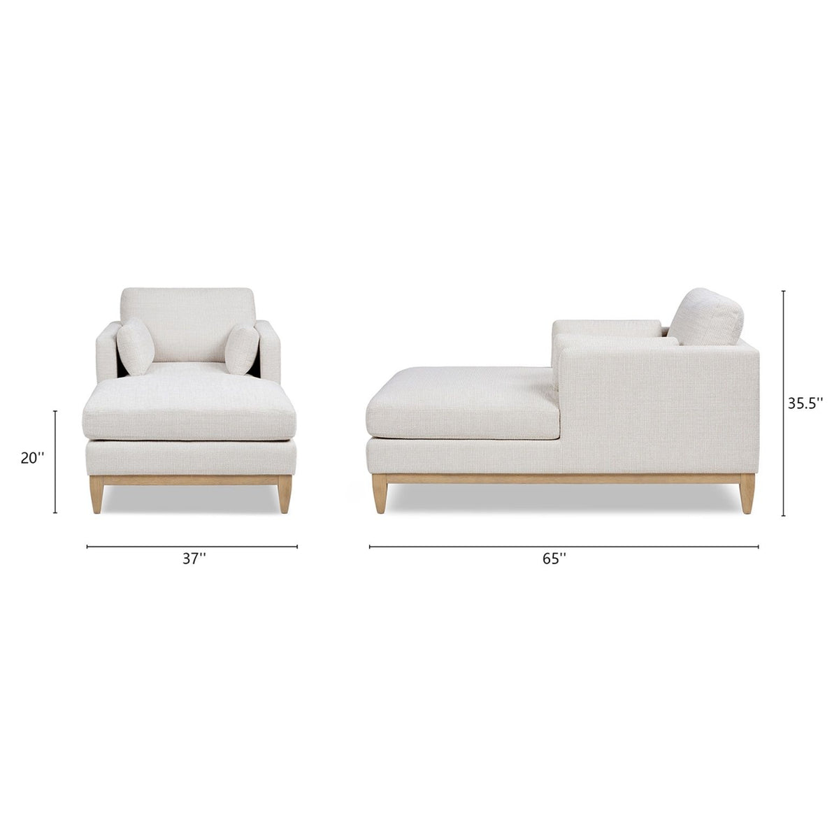Upholstered chaise lounge chair with beige fabric, deep seat cushion, and wooden legs