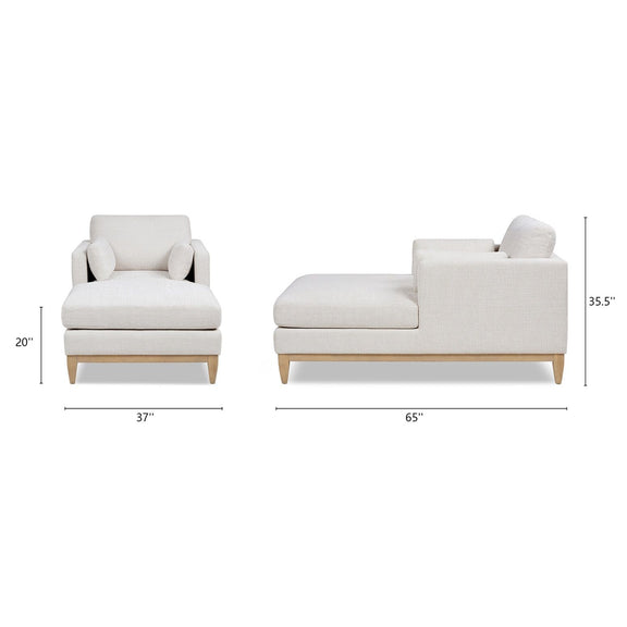Upholstered chaise lounge chair with beige fabric, deep seat cushion, and wooden legs