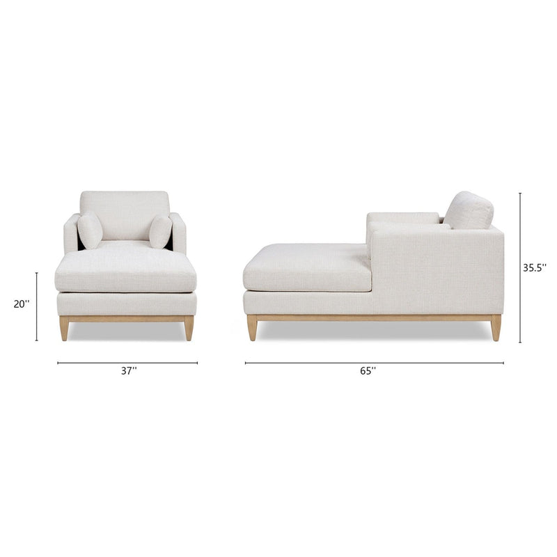 Upholstered chaise lounge chair with beige fabric, deep seat cushion, and wooden legs