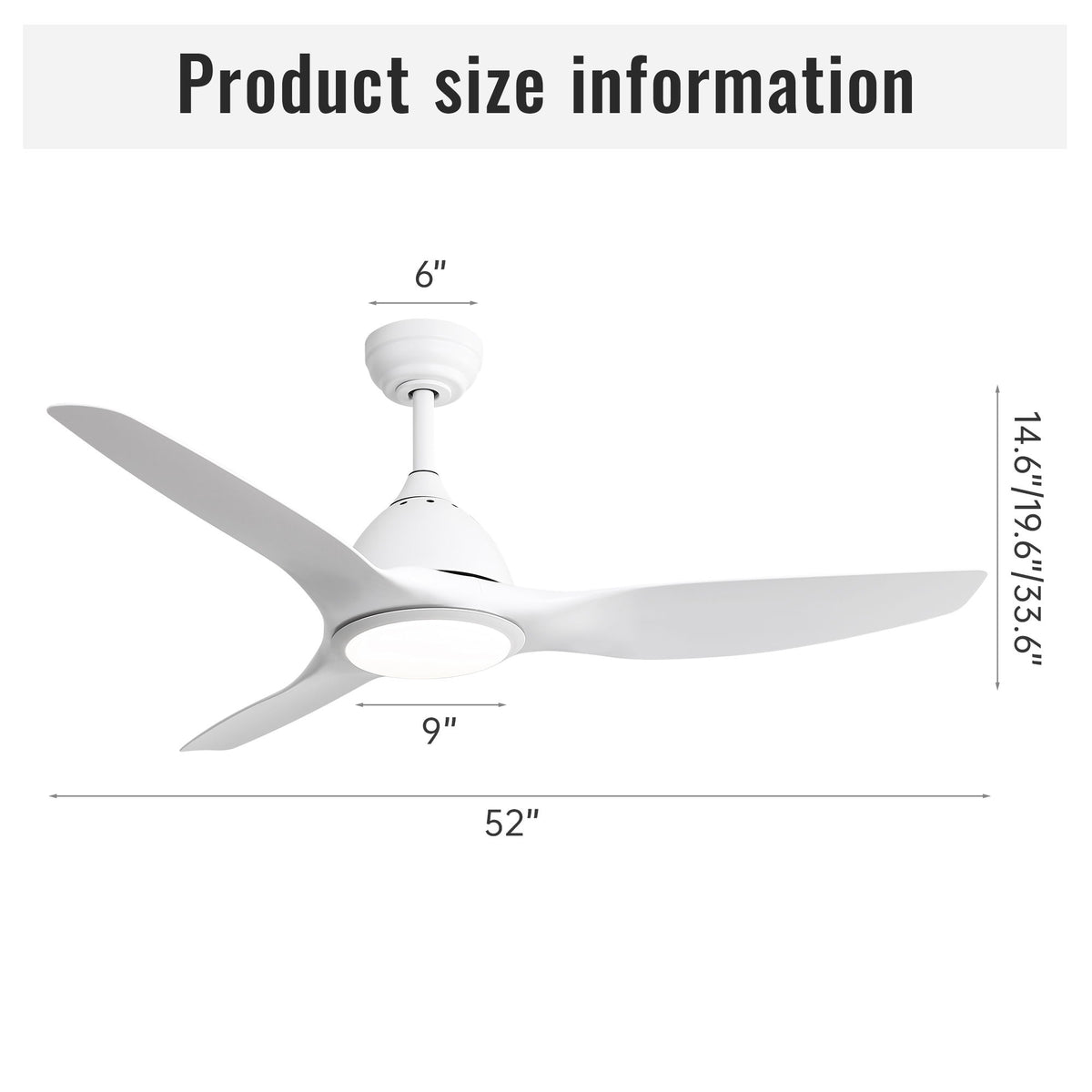 White ceiling fan size diagram with blade span and height measurements
