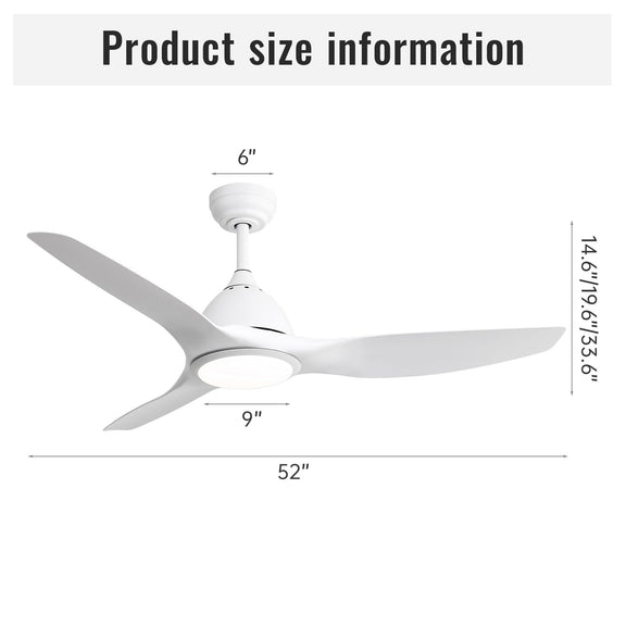 White ceiling fan size diagram with blade span and height measurements