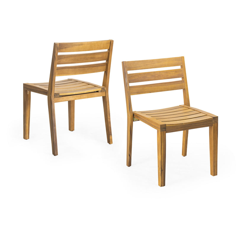 Teak slat-back dining chairs with square seats, shown with matching table