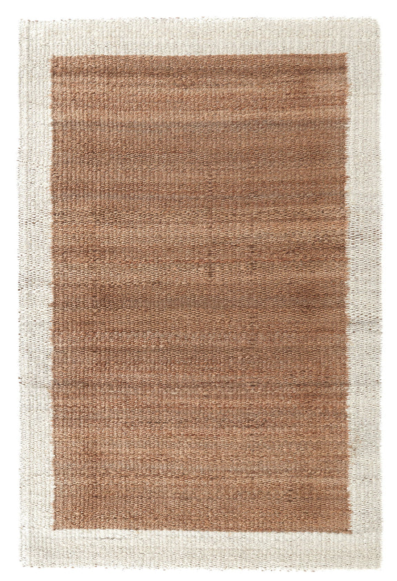 Frame area rug with ivory border and tan/brown rectangular center, flat woven look