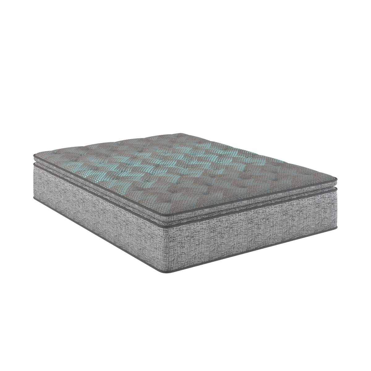 Gray hybrid mattress with blue geometric euro-top, plush 10-inch profile, twin XL