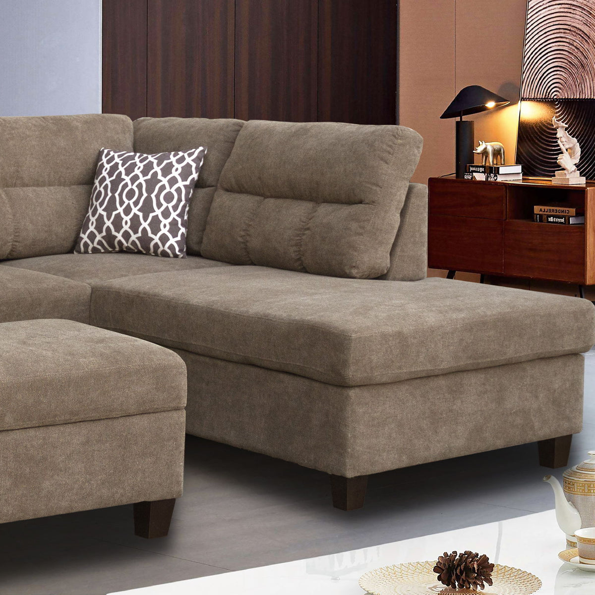Diego - Fabric Sectional Sofa With Right Facing Chaise, Storage Ottoman, And 2 Accent Pillows