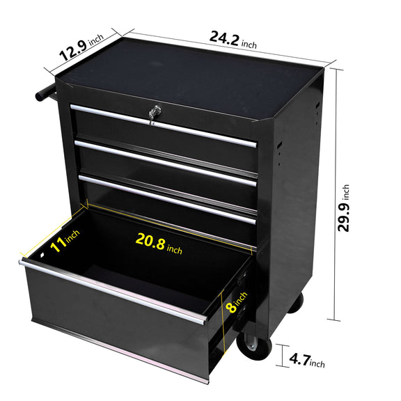 Black tool cart with pull handle and open drawer area, dimensions shown